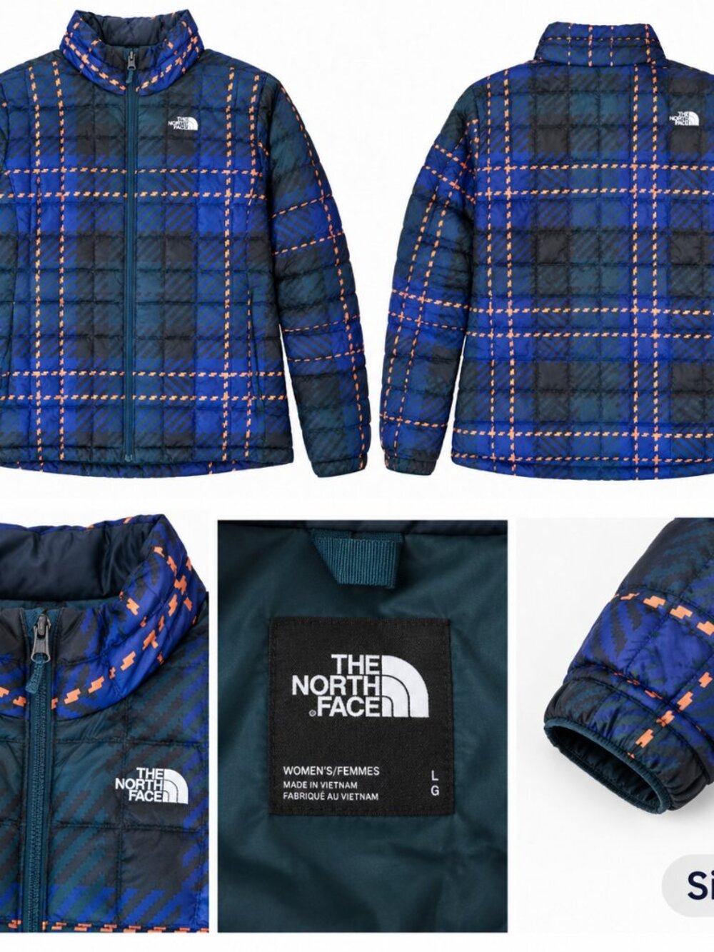 The North Face Women's Black & Blue Plaid Puff Jacket with Orange Accents